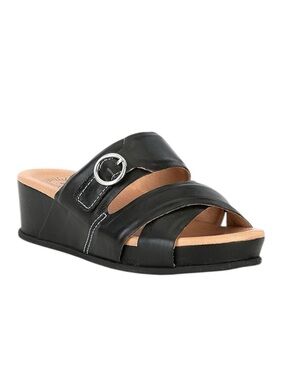 NEW Brioso Ladera Leather Crossband Wedge Sandals Black Casual Slides Size 10
